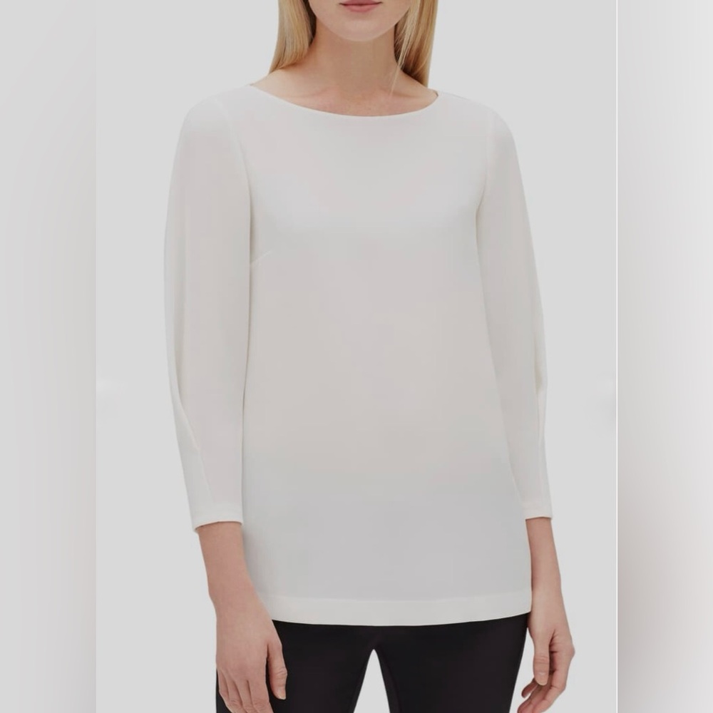 Lafayette 148 New York Women’s Ivory Boat Neck 3/4 Blouson-Sleeve Work Blouse 14